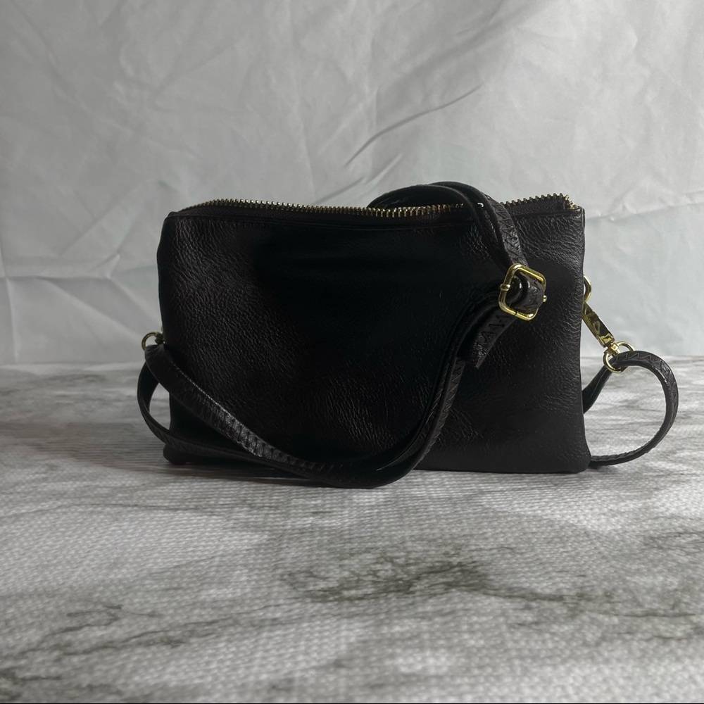 Brown Pebbled Leather Double Zip Crossbody Bag Minimalist Purse